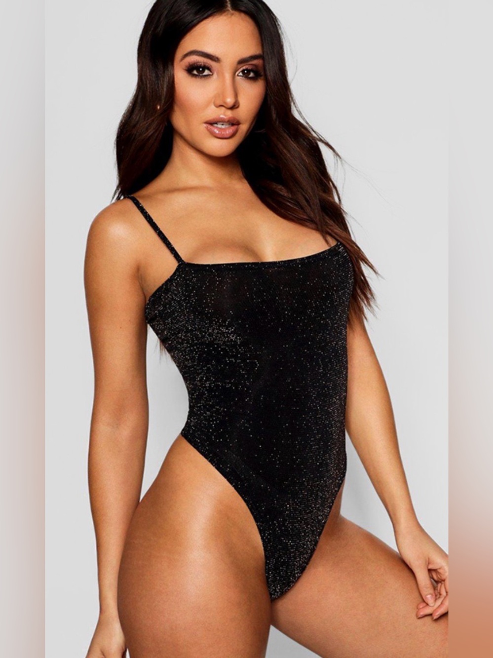 Garage Black Glitter Bodysuit Thong Back Medium Sparkle Fabric Sexy Holiday NYE